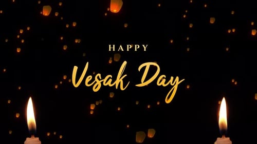 Animation de texte doré Happy Vesak Day avec lanterne céleste en arrière-plan
