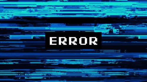 Animation, blauer Glitch-Bildschirm mit Fehlertext