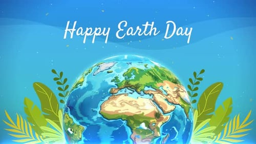Animated Earth Day Greeting with Spinning Globe and Green Foliage