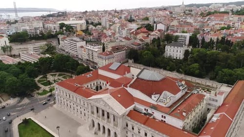 Main Facade Of Sao Bento Palace - Palace of Saint Benedict In Lisbon, Portugal. - aerial