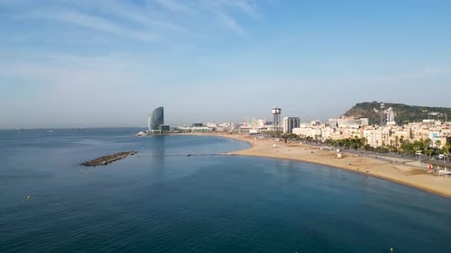 Aerial view of Barceloneta Beach and W Hotel, Spain.