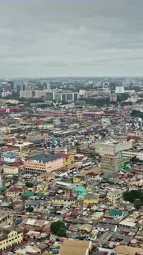 Aerial view of urban landscape in Accra, Ghana on cloudy day