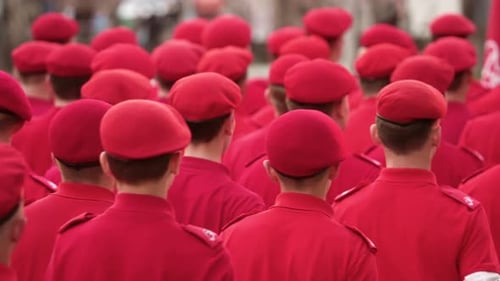 Lots of Men in Red t Shirt Military Solders Troop Berets Uniform Army Parade