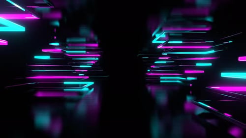 Couloir de formes triangulaires en néon cyan et rose en mouvement en 4K