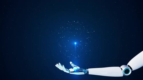 Robot Arm and Futuristic Graphical User Interface Screen Cyber Network the Concept of Human AI the