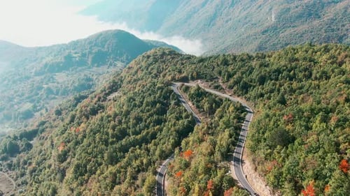 Mountain road with trees alongside it Other mountains can be seen in the distance The road twists