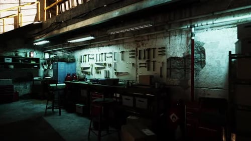 Dimly Lit Room With Tables and Stools