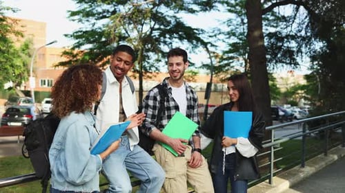 Multicultural students enjoying lively conversation outside on campus
