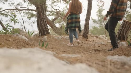 Couple Walking Through a Scenic Mountain Forest Trail with Tall Trees and a View of the Valley Below