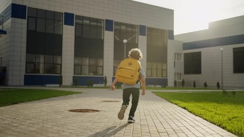 Cute Little Boy With Yellow Backpack Running To School Lessons And Classes Back View