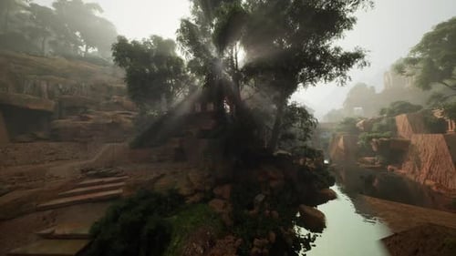 Vivid Landscape Featuring Towering Trees and Winding Water Channels