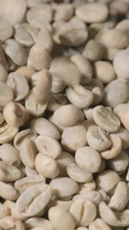Vertical slow motion of roasted coffee beans falling. Organic coffee seeds.