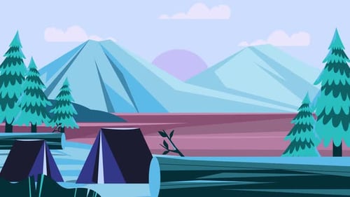 2D Flat Design Camping Landscape with Mountains and Tents