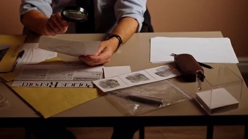 Closeup of Detective's Office Middleaged Investigator in Shirt and Tie Sitting at Desk Examining