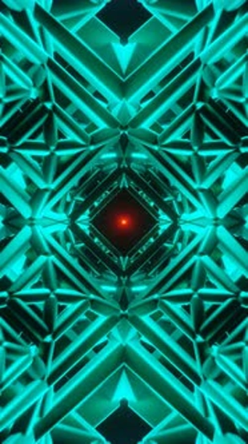 Vertikales Video von rotierenden geometrischen Figuren, die mit lebendigen Neonpulsationen leuchten