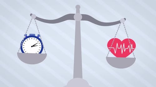 Healthy heart and time balancing on a scale conceptual animation