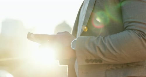 Businessman, phone and hands typing in city for communication, social media or outdoor networking