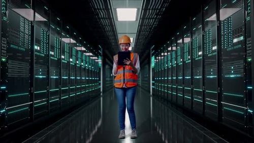 Full Body Of Asian Female Engineer Working On A Tablet in Data Center