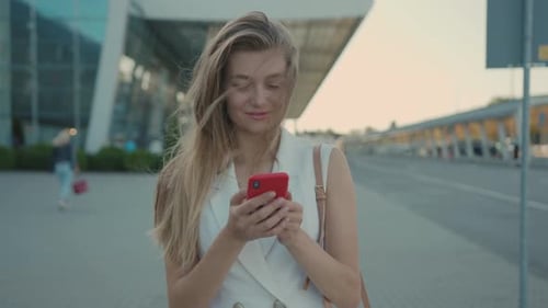 Portrait Young Woman Stand Use Smartphone at City Sunset Look Around Sad Cellphone Fashion Female