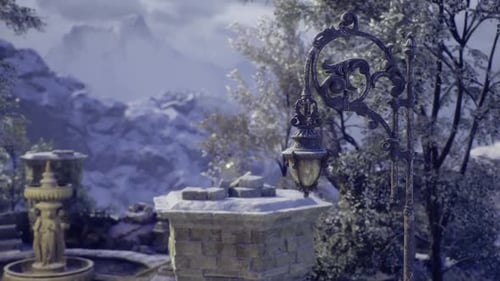 Serene Landscape Featuring a Vintage Lantern By a Snowy Fountain Scene