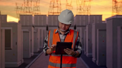 Engineer Using Tablet at Power Plant at Sunset