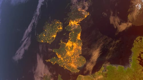 England From Space At Sunrise. Uk From Space Orbit. Planet. Globe