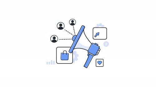 Animated Flat Design Marketing Megaphone with Business Icons