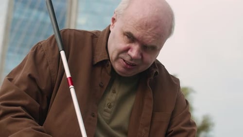 Blind Man Petting Labrador Service Dog on Bench