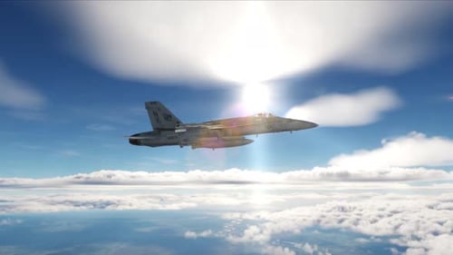 Airplane Flying Through Sunny Sky with Clouds