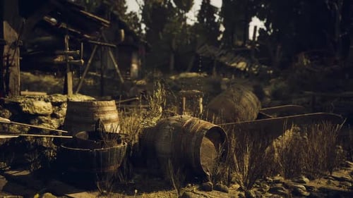 Rustic Landscape with Wooden Barrels and Tools in a Sunlit Environment