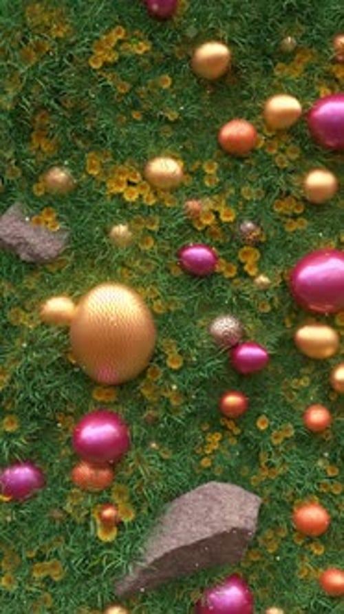 Happy Easter, Eggs In gold podium, In The Grass And Flowers In Sunny Day