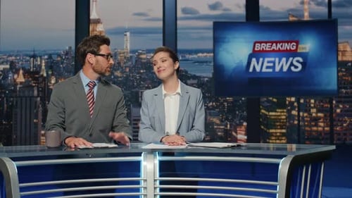 Reporters Hosting Breaking News at Evening Tv Closeup Anchors Ending Broadcast