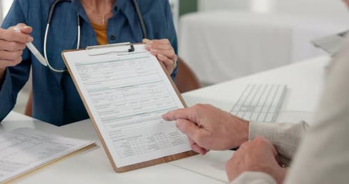 Medical, hands or patient in office with form, discussion or advice for health insurance