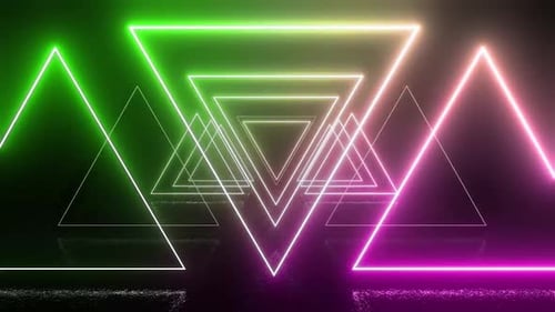 Dynamic neon triangles glow with vibrant colors over wet reflective surface