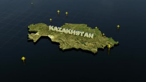 Animated 3D Map of Kazakhstan with Country Name and Location Pins