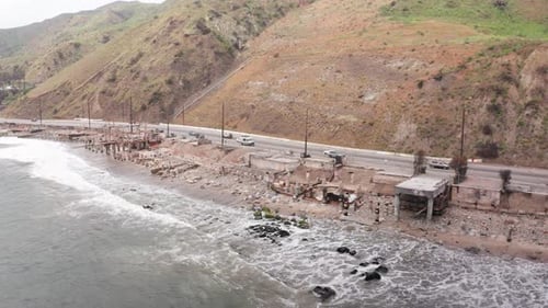 Burned Beachfront Homes Along Pacific Coast Highway after the Palisades Fire in Malibu, California