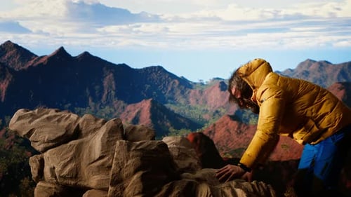 Foolish Hiker Tripping and Losing Balance on the Rocky Mountain Peak