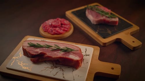 Assorted Cuts of Meat Displayed on Cutting Boards