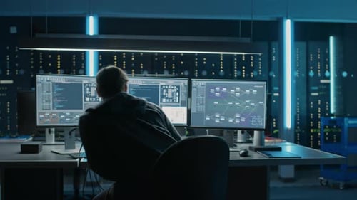 Professional IT Programer Working in Data Center on Desktop Computer with Three Displays, Doing Dev