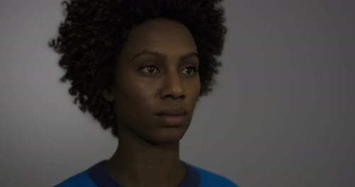 Personnage numérique réaliste aux cheveux bouclés dans un décor d'arrière-plan simple