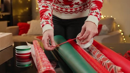 Tying Festive Ribbon on Christmas Gift