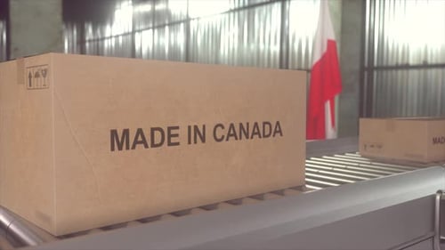Made in CANADA concept. Animated Loop of Manufacturing and Logistics with Moving Boxes on Conveyor