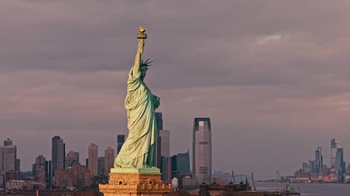 Liberty Statue and New York City Skyline From Aerial View Aerial Urban View with Iconic Liberty