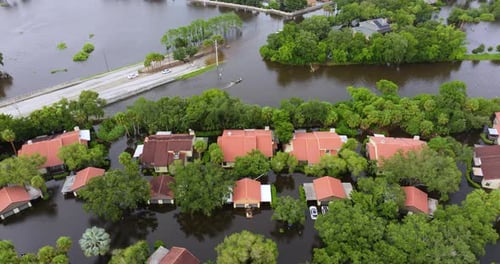 Flooded Residential Area with Underwater Houses From Hurricane Rainfall Water in Florida Suburban
