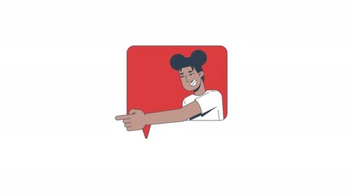 Mujer negra riendo apuntando a la izquierda en una burbuja de discurso, animación de personajes 2D
