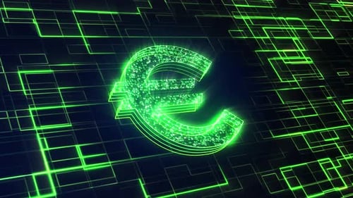 Digital Euro Symbol Glowing on a Futuristic Circuit Grid Background