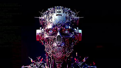 Cyborg Head with Digital Code and Glitch Effect