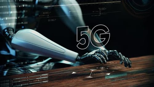 5G-Text animiert mit einem KI-Roboter-Geschäftsmann, der auf einer futuristischen Tastatur tippt