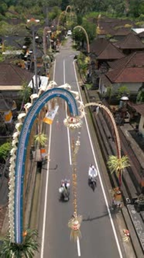 Aerial View of Decorated Village During the Galungan Holiday in Ubud Bali
