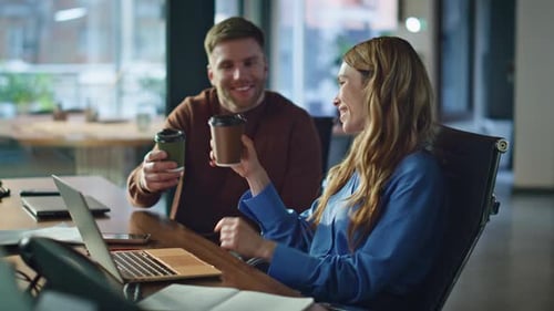 Smiling Colleagues Flirting Coffee Break Sitting Office Closeup Happy Coworkers